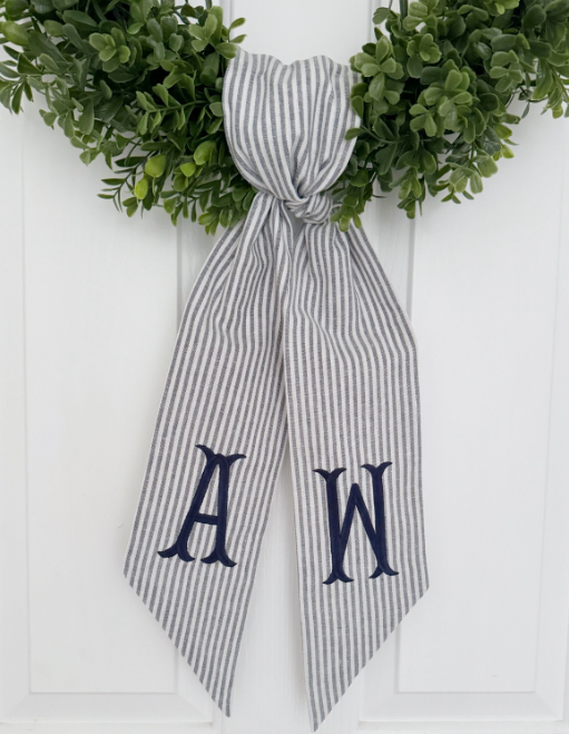 Double Initial Blue Striped Monogrammed Wreath Sash