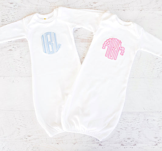 Monogrammed Baby Gown - Seersucker Intiail Gown - Baby Shower Gift - Baby Boy Gown - Girl Applique Gown - Monogrammed Applique