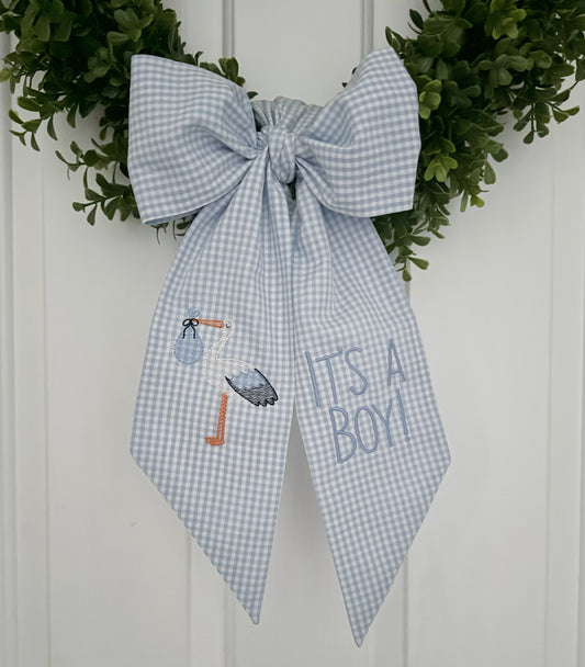 Stork Gingham Bow Wreath Sash